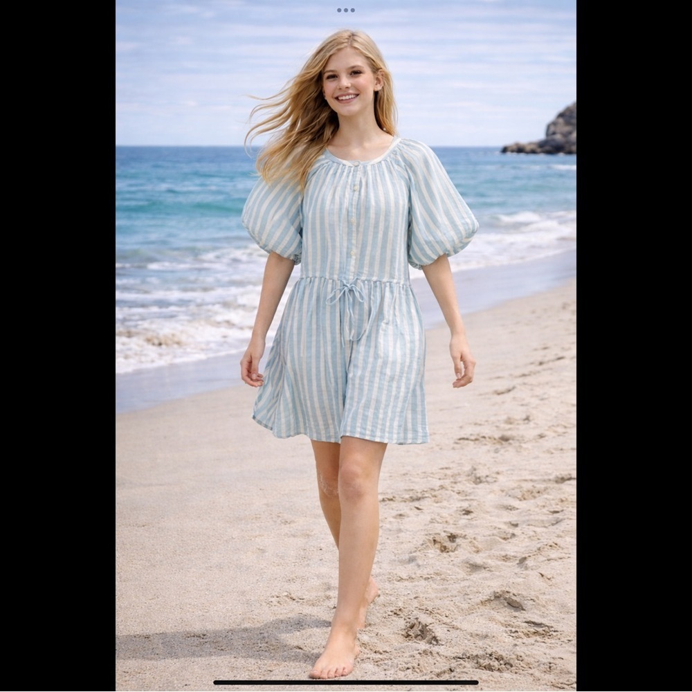 Old Navy Blue White Stripe Cotton Mini Dress XL Puff Sleeve Coastal